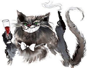Behemoth pistoolilla jättiläinen kissahahmo Mihail Bulgakovin (venäläinen näytelmäkirjailija ja kirjailija, 1891-1940) Mestari ja Margaritasta; muste ja akvarelli, 2015